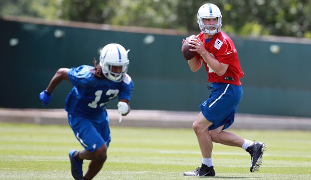 Jun 7, 2016; Indianapolis, IN, USA; Indianapolis Colts quarterback Andrew Luck (12) throws a pass to wide receiver T.Y. Hilton (13) during mini camp at the Indiana Farm Bureau Center. Photo Credit: Brian Spurlock-USA TODAY Sports