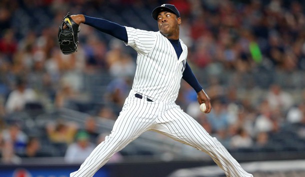 Jul 15, 2016; Bronx, NY, USA; New York Yankees relief pitcher Aroldis Chapman (54) pitches against the Boston Red Sox during the ninth inning at Yankee Stadium. Photo Credit: Brad Penner-USA TODAY Sports
