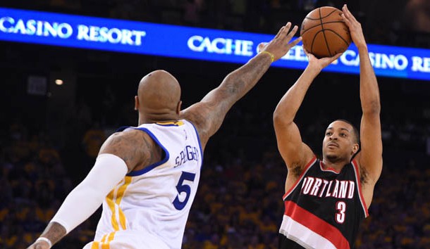 May 3, 2016; Oakland, CA, USA; Portland Trail Blazers guard C.J. McCollum (3) shoots the basketball against Golden State Warriors center Marreese Speights (5) during the second quarter in game two of the second round of the NBA Playoffs at Oracle Arena. Photo Credit: Kyle Terada-USA TODAY Sports