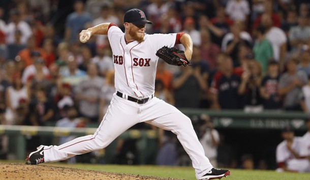 Jul 6, 2016; Boston, MA, USA; Boston Red Sox relief pitcher Craig Kimbrel (46) throws a pitch against the Texas Rangers in the ninth inning at Fenway Park. Photo Credit: David Butler II-USA TODAY Sports