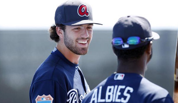 Mar 7, 2016; Dunedin, FL, USA; Atlanta Braves shortstop Dansby Swanson (80) talks with shortstop Ozzie Albies (87) prior to the game against the Toronto Blue Jays at Florida Auto Exchange Park. Photo Credit: Kim Klement-USA TODAY Sports