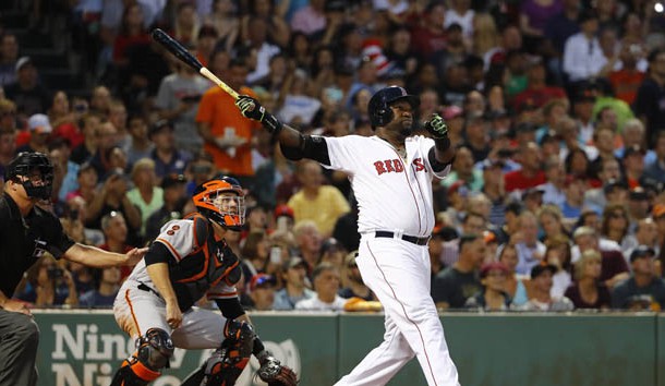 Jul 19, 2016; Boston, MA, USA; Boston Red Sox designated hitter David Ortiz (34) watches his three-run home run with San Francisco Giants catcher Buster Posey (28) during the third inning at Fenway Park. Photo Credit: Winslow Townson-USA TODAY Sports