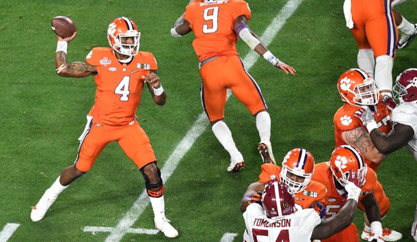 Jan 11, 2016; Glendale, AZ, USA; Clemson Tigers quarterback Deshaun Watson (4) looks to pass during the first quarter against the Alabama Crimson Tide in the 2016 CFP National Championship at University of Phoenix Stadium. Photo Credit: Gary A. Vasquez-USA TODAY Sports