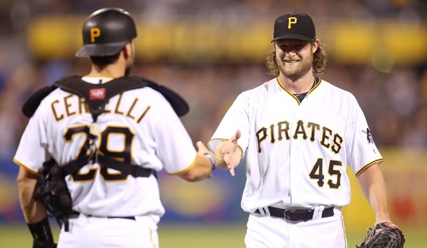 Jul 27, 2016; Pittsburgh, PA, USA; Pittsburgh Pirates starting pitcher Gerrit Cole (45) celebrates with catcher Francisco Cervelli (29) after pitching a complete game against the Seattle Mariners in an inter-league game at PNC Park. The Pirates won 10-1. Photo Credit: Charles LeClaire-USA TODAY Sports