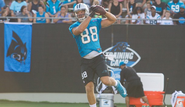 Jul 28, 2016; Spartanburg, SC, USA; Carolina Panthers tight end Greg Olsen (88) catches a pass during the training camp at Wofford College. Photo Credit: Jeremy Brevard-USA TODAY Sports