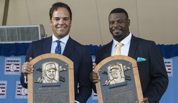 Jul 24, 2016; Cooperstown, NY, USA; Hall of Fame Inductee Mike Piazza (L) and Hall of Fame Inductee Ken Griffey Jr. (R) pose with their Hall of Fame plaques during the 2016 MLB baseball hall of fame induction ceremony at Clark Sports Center. Photo Credit: Gregory J. Fisher-USA TODAY Sports