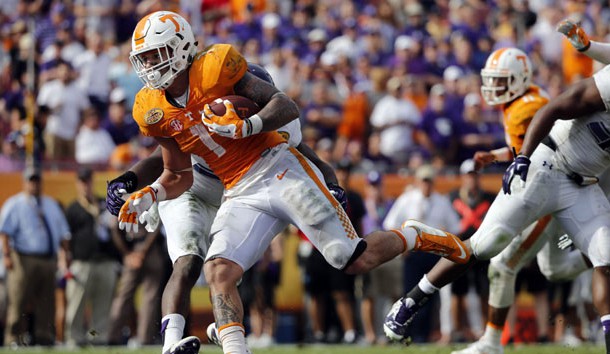 Jan 1, 2016; Tampa, FL, USA; Tennessee Volunteers running back Jalen Hurd (1) runs the ball in for a touchdown against the Northwestern Wildcats during the second half in the 2016 Outback Bowl at Raymond James Stadium. Tennessee Volunteers defeated the Northwestern Wildcats 45-6. Photo Credit: Kim Klement-USA TODAY Sports
