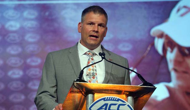 Jul 21, 2016; Charlotte, NC, USA; Virginia Tech Hokies head coach Justin Fuente speaks to the media during the ACC Football Kickoff at Westin Charlotte. Photo Credit: Jeremy Brevard-USA TODAY Sports