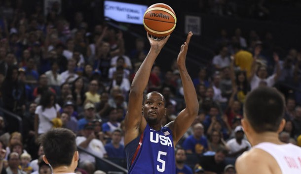 July 26, 2016; Oakland, CA, USA; USA guard Kevin Durant (5) shoots the basketball against China forward Zhou Peng (10) in the first quarter during an exhibition basketball game at Oracle Arena. Mandatory Credit: Kyle Terada-USA TODAY Sports