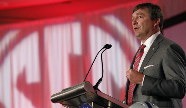 Jul 12, 2016; Hoover, AL, USA; Georgia head coach Kirby Smart speaks to the media during SEC Media Days at the Hyatt Regency Birmingham-The Wynfrey Hotel. Photo Credit: Butch Dill-USA TODAY Sports