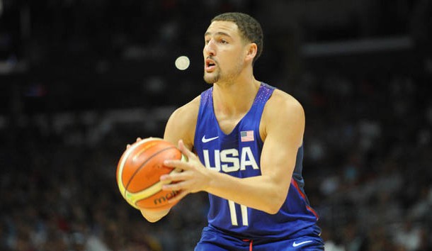 July 24, 2016; Los Angeles, CA, USA; USA guard Klay Thompson (11) shoots a basket against China in the first half during an exhibition basketball game at Staples Center. Photo Credit: Gary A. Vasquez-USA TODAY Sports