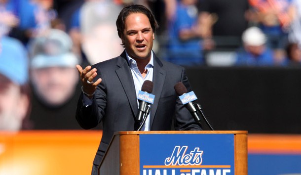 Mike Piazza speaks during his induction into the Mets Hall of Fame. Photo Credit: Brad Penner-USA TODAY Sports