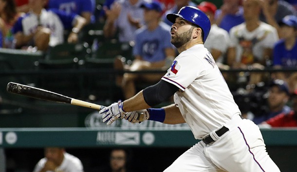 Jul 28, 2016; Arlington, TX, USA; Texas Rangers first baseman Mitch Moreland (18) hits his second home run of the game in the eight inning against the Kansas City Royals at Globe Life Park in Arlington. The Rangers won 3-2. Photo Credit: Ray Carlin-USA TODAY Sports