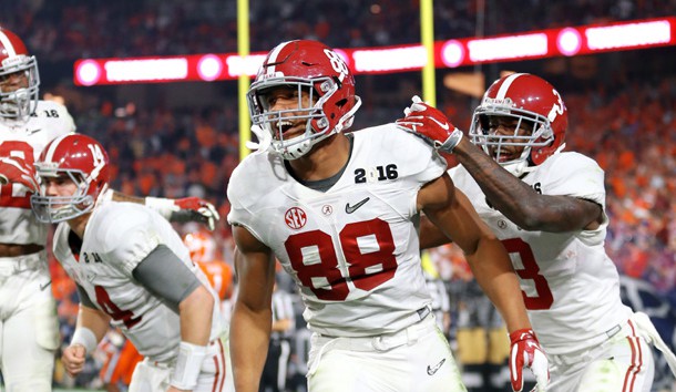Jan 11, 2016; Glendale, AZ, USA; Alabama Crimson Tide tight end O.J. Howard (88) celebrates a touchdown with wide receiver Calvin Ridley (3) against the Clemson Tigers in the 2016 CFP National Championship at University of Phoenix Stadium. Photo Credit: Mark J. Rebilas-USA TODAY Sports