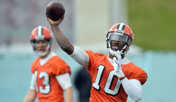 Jun 7, 2016; Berea, OH, USA; Cleveland Browns quarterback Robert Griffin III (10) throws a pass as quarterback Josh McCown (13) watches during minicamp at the Cleveland Browns training facility. Photo Credit: Ken Blaze-USA TODAY Sports