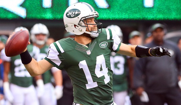 Dec 27, 2015; East Rutherford, NJ, USA; New York Jets quarterback Ryan Fitzpatrick (14) throws a pass during the first half of their game against the New England Patriots at MetLife Stadium. Photo Credit: Ed Mulholland-USA TODAY Sports