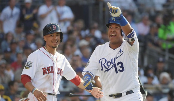 Jul 12, 2016; San Diego, CA, USA; American League catcher Salvador Perez (13) of the Kansas City Royals celebrates with American League outfielder Mookie Betts (50) of the Boston Red Sox after hitting a two-run home run in the second inning in the 2016 MLB All Star Game at Petco Park. Photo Credit: Kirby Lee-USA TODAY Sports