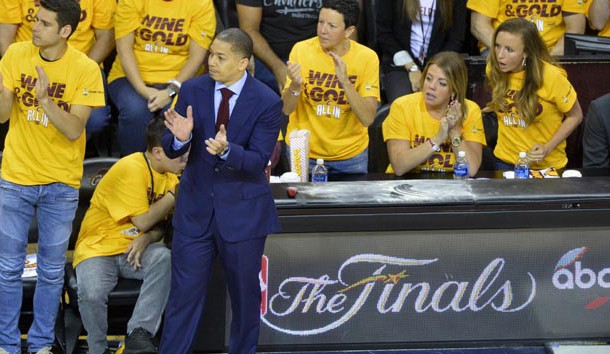 May 25, 2016; Cleveland, OH, USA; Cleveland Cavaliers head coach Tyronn Lue reacts in the first quarter against the Toronto Raptors in game five of the Eastern conference finals of the NBA Playoffs at Quicken Loans Arena. Mandatory Credit: David Richard-USA TODAY Sports
