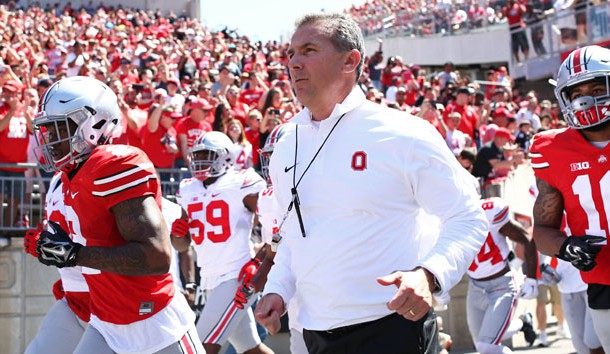 Apr 16, 2016; Columbus, OH, USA; Ohio State head coach Urban Meyer leads the Scarlet and Gray teams onto the field prior to the spring game at Ohio Stadium. Photo Credit: Aaron Doster-USA TODAY Sports