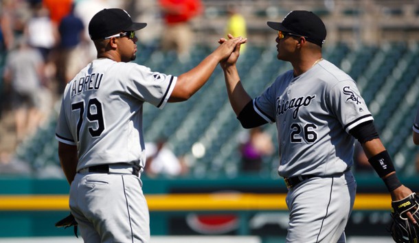 Aug 4, 2016; Detroit, MI, USA; Chicago White Sox first baseman Jose Abreu (79) and right fielder Avisail Garcia (26) celebrate after the game against the Detroit Tigers at Comerica Park. Chicago won 6-3. Photo Credit: Rick Osentoski-USA TODAY Sports