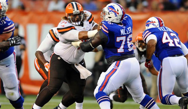 Aug 20, 2015; Cleveland, OH, USA; Cleveland Browns defensive tackle Danny Shelton (71) takes on Buffalo Bills offensive guard John Miller (76) during the first half at FirstEnergy Stadium. Photo Credit: Ken Blaze-USA TODAY Sports