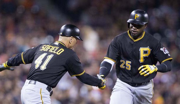 Aug 15, 2016; San Francisco, CA, USA; Pittsburgh Pirates right fielder Gregory Polanco (25) is congratulated by Pittsburgh Pirates third base coach Rick Sofield (41) after hitting a two run home run against the San Francisco Giants during the sixth inning at AT&T Park. Photo Credit: Neville E. Guard-USA TODAY Sports