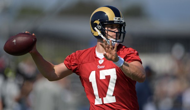 Jul 31, 2016; Irvine, CA, USA; Los Angeles Rams quarterback Case Keenum (17) throws a pass at training camp at UC Irvine. Mandatory Credit: Kirby Lee-USA TODAY Sports