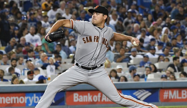 Aug 25, 2016; Los Angeles, CA, USA;  San Francisco Giants starting pitcher Matt Moore (45) in the fifth inning against the Los Angeles Dodgers at Dodger Stadium. Photo Credit: Jayne Kamin-Oncea-USA TODAY Sports