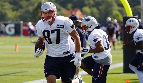 Jul 28, 2016; Foxboro, MA, USA; New England Patriots tight end Rob Gronkowski (87) runs drills during training camp at Gillette Stadium. Photo Credit: Winslow Townson-USA TODAY Sports