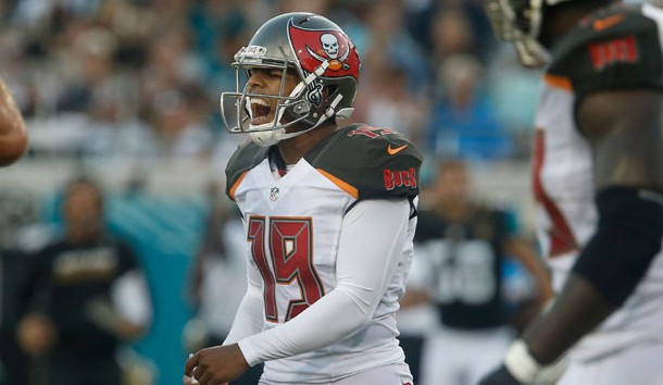 Aug 20, 2016; Jacksonville, FL, USA;  Tampa Bay Buccaneers kicker Roberto Aguayo (19) reacts after missing a field goal during the first quarter of a football game against the Jacksonville Jaguars at EverBank Field. Photo Credit: Reinhold Matay-USA TODAY Sports
