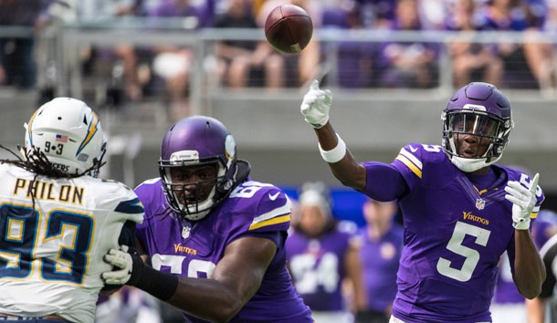 The loss of Teddy Bridgewater (5) is a devastating blow to the Vikings team. Photo Credit: Brace Hemmelgarn-USA TODAY Sports