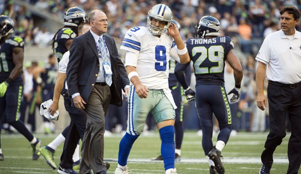Aug 25, 2016; Seattle, WA, USA; Dallas Cowboys quarterback Tony Romo (9) walks off the field after getting injured during the first quarter during a preseason game against the Seattle Seahawks at CenturyLink Field. Photo Credit: Troy Wayrynen-USA TODAY Sports