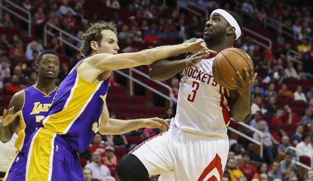 Ty Lawson (3) drives to the basket as Los Angeles Lakers guard Marcelo Huertas (9) defends during the first quarter at Toyota Center last year. Photo Credit: Troy Taormina-USA TODAY Sports