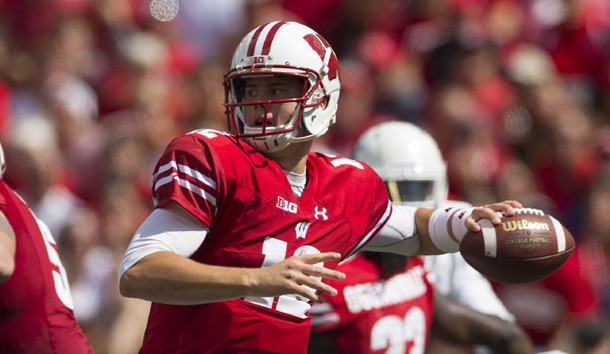 Sep 17, 2016; Madison, WI, USA;  Wisconsin Badgers quarterback Alex Hornibrook (12) shows a pass during the third quarter against the Georgia State Panthers at Camp Randall Stadium.  Wisconsin won 23-17.  Photo Credit: Jeff Hanisch-USA TODAY Sports
