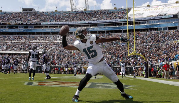 Sep 25, 2016; Jacksonville, FL, USA;  Jacksonville Jaguars wide receiver Allen Robinson (15) celebrates a touchdown in the end zone during the second quarter of a football game against the Baltimore Ravens at EverBank Field. Photo Credit: Reinhold Matay-USA TODAY Sports