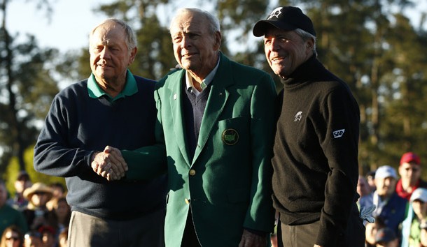 Apr 7, 2016; Augusta, GA, USA; Honorary starters from left Jack Nicklaus , Arnold Palmer and Gary Player pose for a photo on the first tee during the first round of the 2016 The Masters golf tournament at Augusta National Golf Club. Photo Credit: Rob Schumacher-USA TODAY Sports