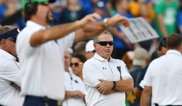 Sep 24, 2016; South Bend, IN, USA; Notre Dame Fighting Irish head coach Brian Kelly reacts on the sideline in the second quarter against the Duke Blue Devils at Notre Dame Stadium. Photo Credit: Matt Cashore-USA TODAY Sports