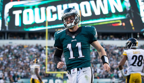 Sep 25, 2016; Philadelphia, PA, USA; Philadelphia Eagles quarterback Carson Wentz (11) reacts after his 73 yard touchdown pass against the Pittsburgh Steelers during the third quarter at Lincoln Financial Field. Photo Credit: Bill Streicher-USA TODAY Sports