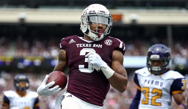 Sep 10, 2016; College Station, TX, USA; Texas A&M Aggies wide receiver Christian Kirk (3) scores a touchdown after a reception during the second quarter against the Prairie View A&M Panthers at Kyle Field. Photo Credit: Troy Taormina-USA TODAY Sports