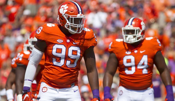 Sep 10, 2016; Clemson, SC, USA;  Clemson Tigers defensive end Clelin Ferrell (99) reacts prior to the snap against the Troy Trojans during the first quarter at Clemson Memorial Stadium. Photo Credit: Joshua S. Kelly-USA TODAY Sports