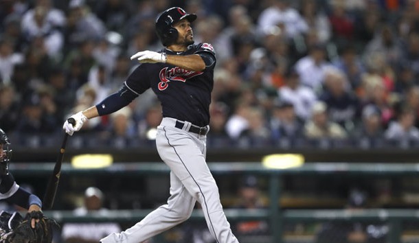 Sep 26, 2016; Detroit, MI, USA; Cleveland Indians left fielder Coco Crisp (4) gets a hit during the eighth inning against the Detroit Tigers at Comerica Park. The Indians won 7-4 to clinch the AL Central Division title. Photo Credit: Raj Mehta-USA TODAY Sports