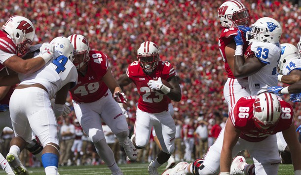 Sep 17, 2016; Madison, WI, USA;  Wisconsin Badgers running back Dare Ogunbowale (23) rushes with the football during the fourth quarter against the Georgia State Panthers at Camp Randall Stadium.  Wisconsin won 23-17.  Photo Credit: Jeff Hanisch-USA TODAY Sports