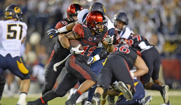 Sep 10, 2016; San Diego, CA, USA; San Diego State Aztecs running back Donnel Pumphrey (19) runs the ball against the California Golden Bears during the third quarter at Qualcomm Stadium. Photo Credit: Jake Roth-USA TODAY Sports