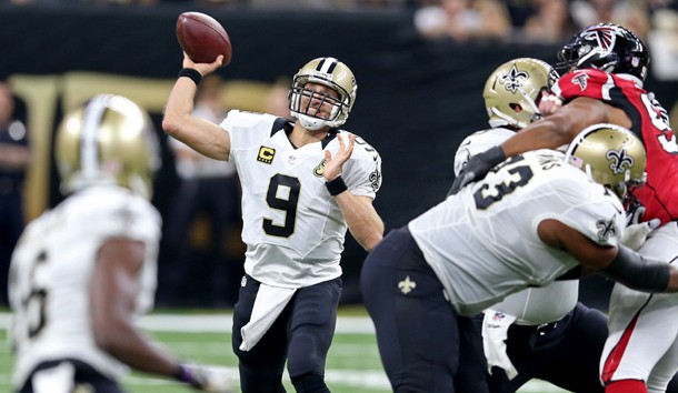 Sep 26, 2016; New Orleans, LA, USA; New Orleans Saints quarterback Drew Brees (9) throws the ball in the first quarter against the Atlanta Falcons at Mercedes-Benz Superdome. Photo Credit: Chuck Cook-USA TODAY Sports