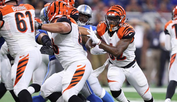 Aug 18, 2016; Detroit, MI, USA; Cincinnati Bengals running back Jeremy Hill (32) runs for a touchdown during the first quarter against the Detroit Lions at Ford Field. Photo Credit: Raj Mehta-USA TODAY Sports