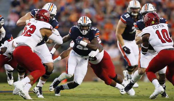Sep 10, 2016; Auburn, AL, USA;   Auburn Tigers running back Kerryon Johnson (21) carries against the Arkansas State Red Wolves during the first half at Jordan Hare Stadium. Photo Credit: John Reed-USA TODAY Sports