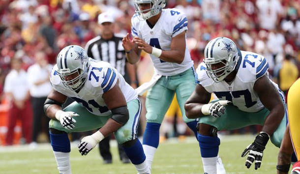 Sep 18, 2016; Landover, MD, USA; Dallas Cowboys offensive lineman La'el Collins (71) and Cowboys offensive tackle Tyron Smith (77) line up against the Washington Redskins at FedEx Field. Photo Credit: Geoff Burke-USA TODAY Sports