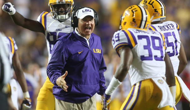 Sep 10, 2016; Baton Rouge, LA, USA;  LSU Tigers head coach Les Miles congratulates Russell Gage (39) after a tackle against the Jacksonville State Gamecocks during the second half at Tiger Stadium. LSU defeated Jacksonville State 34-13. Mandatory Credit: Crystal LoGiudice-USA TODAY Sports