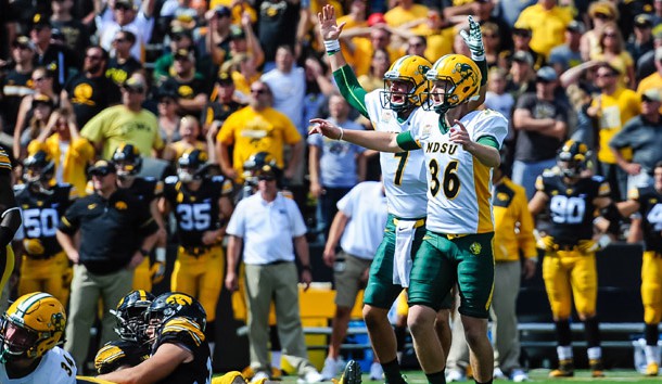 Sep 17, 2016; Iowa City, IA, USA;  North Dakota State Bison place-kicker Cam Pedersen (36) celebrates with placeholder Cole Davis (7) after kicking the game winning field goal on the final play of the fourth quarter against the Iowa Hawkeyes at Kinnick Stadium. North Dakota State won 23-21. Photo Credit: Jeffrey Becker-USA TODAY Sports