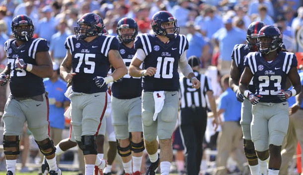 Sep 17, 2016; Oxford, MS, USA;  Mississippi Rebels quarterback Chad Kelly (10) leads the offense onto the field during the second quarter of the game against the Alabama Crimson Tide at Vaught-Hemingway Stadium. Alabama won 48-43. Photo Credit: Matt Bush-USA TODAY Sports